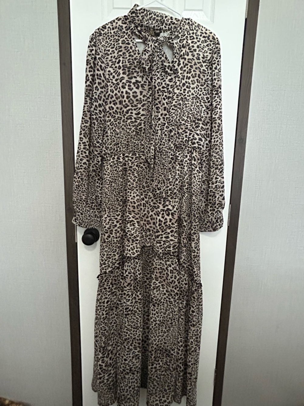 L&B Leopard Print Tie-Neck Maxi Dress in Tan and Black